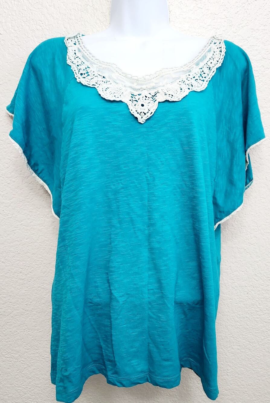Fresh Teal Blue Short Flutter Sleeve Lace Bodice Top Medium Lightweight Soft